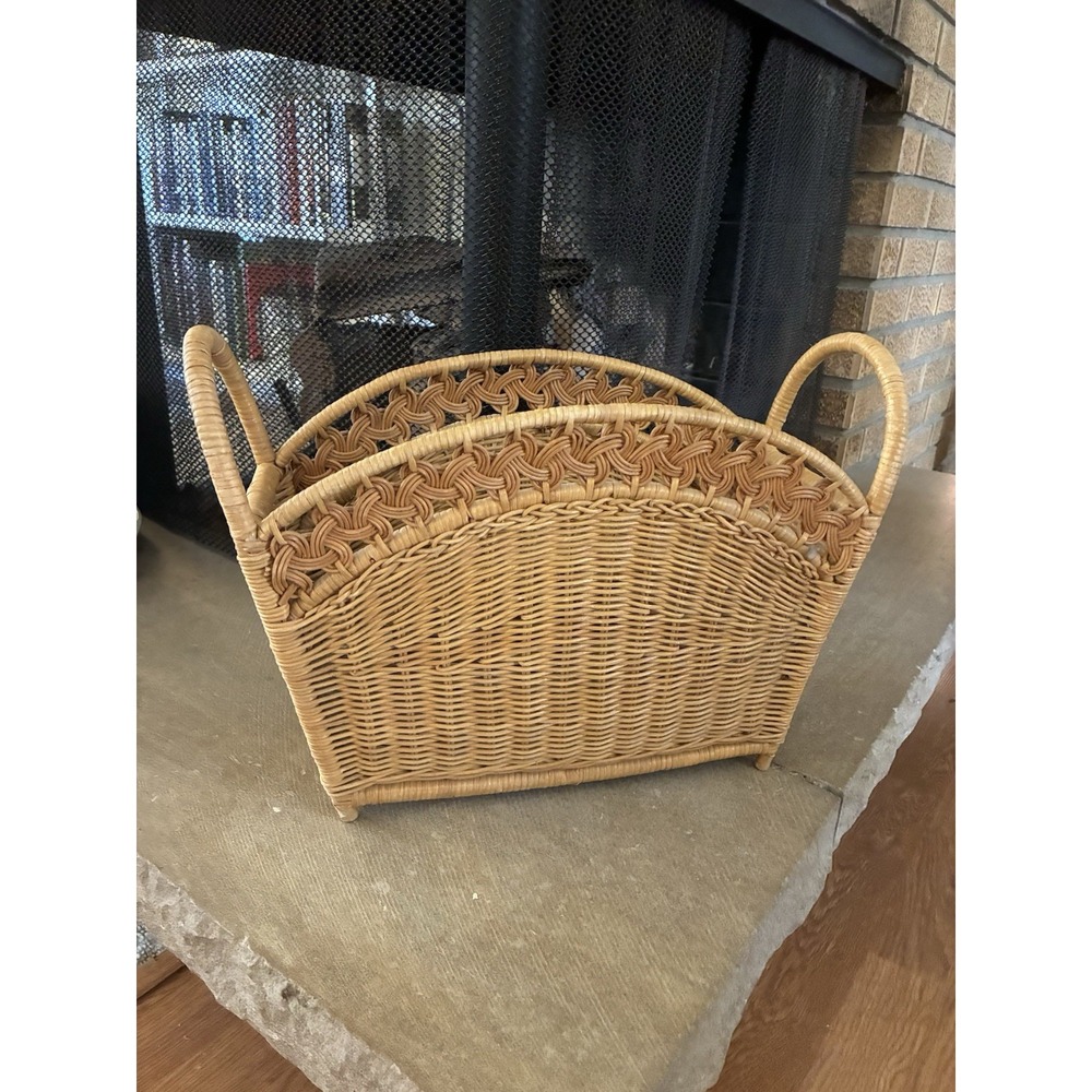 Large Wicker Basket with Handle Vintage Rattan Magazine Log Storage